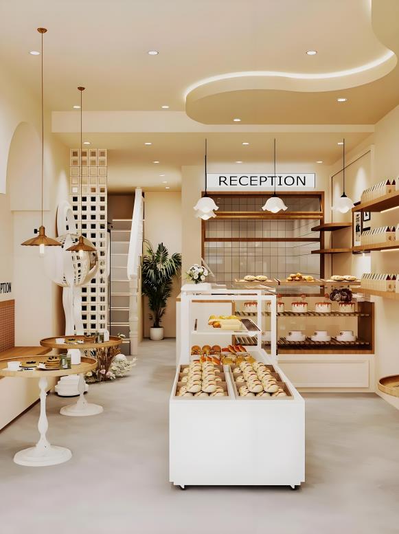 甜品店裝修效果圖，淺色奶風格